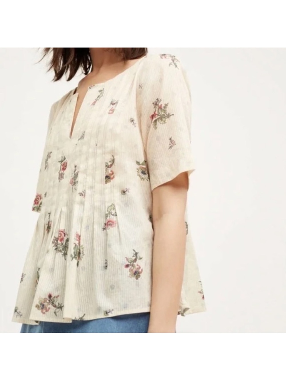 Maeve by Anthropologie Ivory Orchid Island Pleated Peplum Blouse Top Size 10